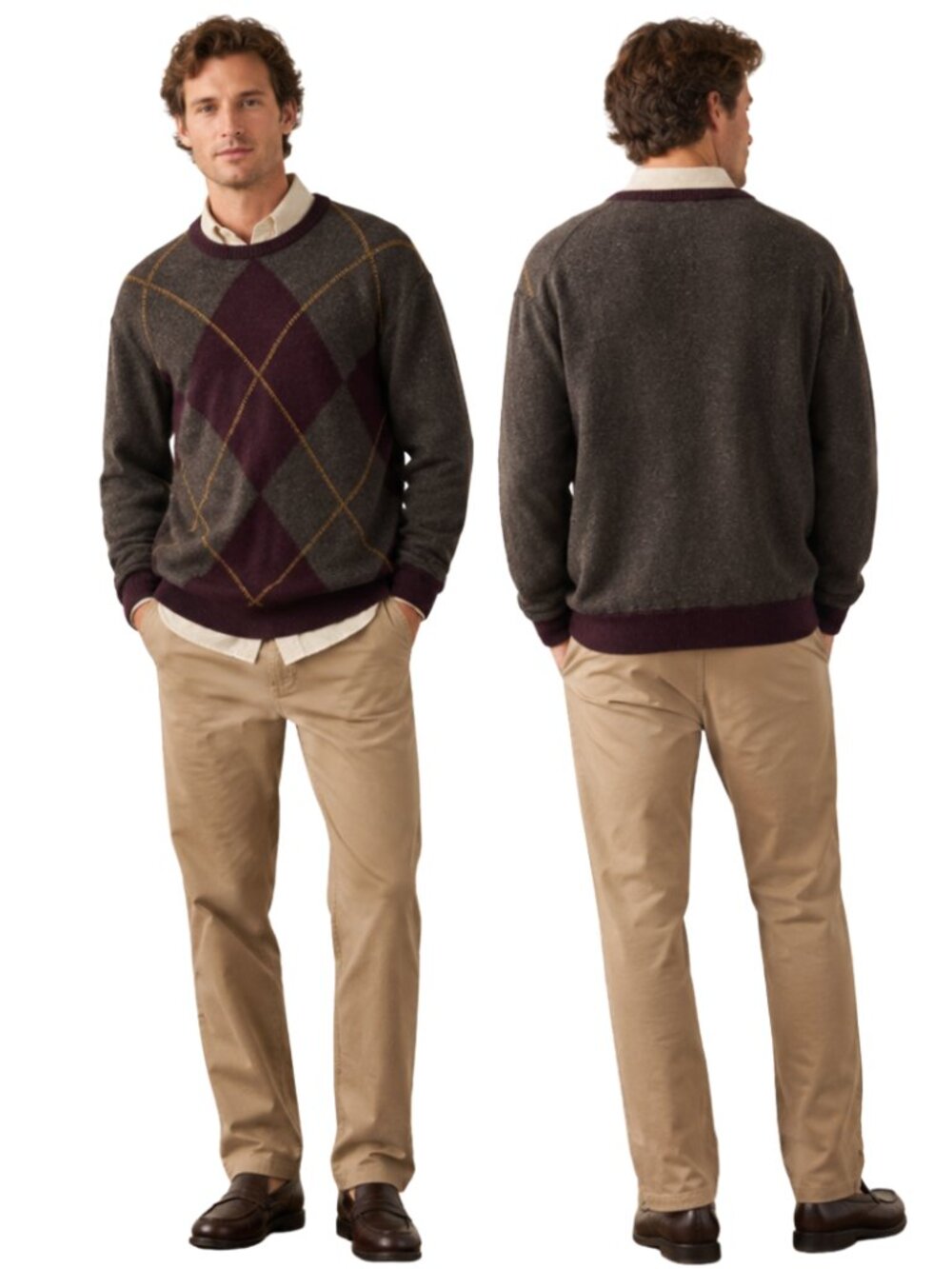 Vintage Gap Argyle Crew Neck Knit Sweater Pullover Men XL Brown Preppy Retro Y2K